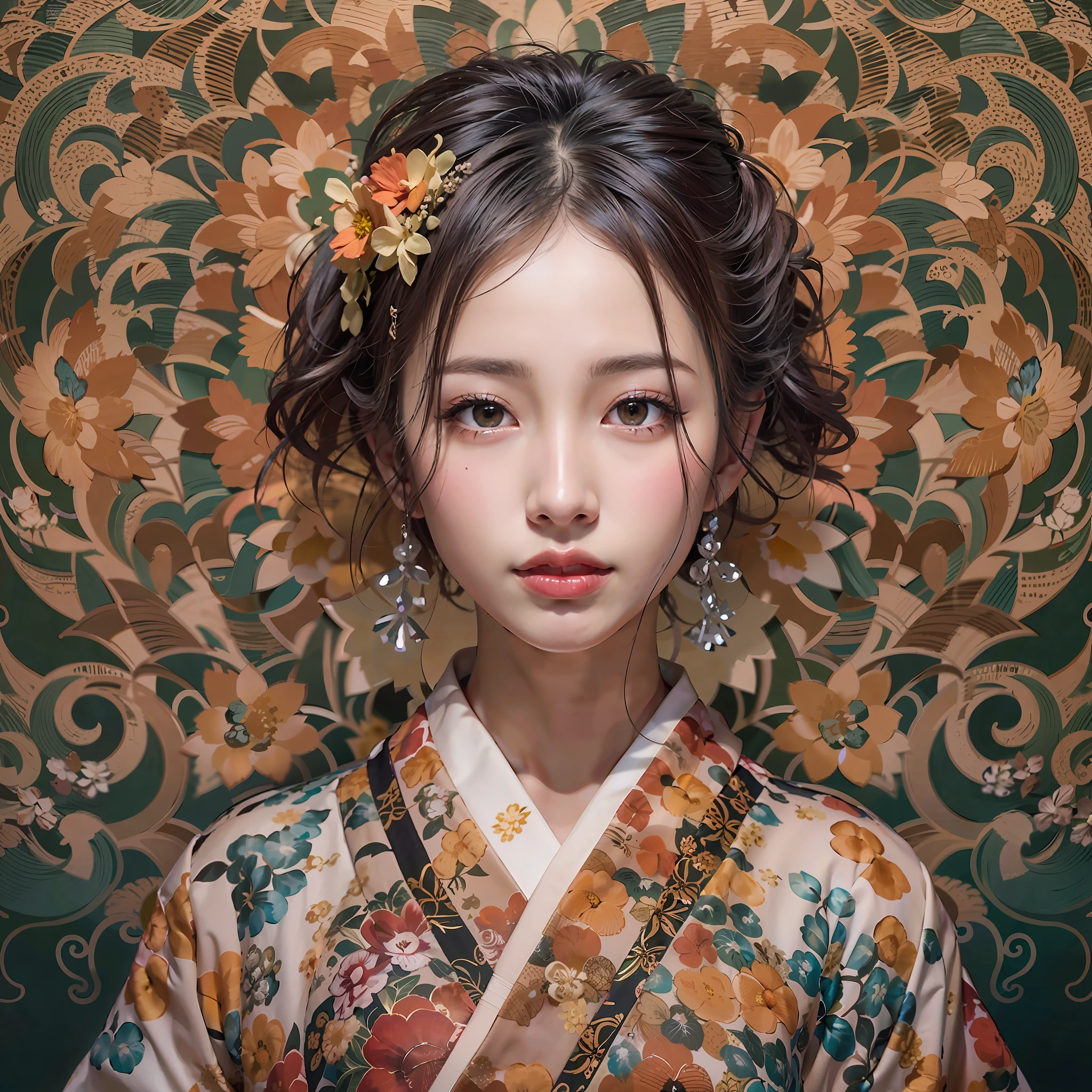 symmetrical, Compositions with coloful geometric arabesque patterns, (Bun hair, dark brown hari), (top-quality, Photorealsitic:1.4, masterpiece:1.3, RAW Photography:1.2, cinematric light, very detailed illustration), (1woman:1.3, solo), (asian girl, ultra delicate face, ultra Beautiful fece, ultra delicate eyes, ultra detailed nouse, ultra detailed mouth, ultra detailed facial features),  woman, (midium breast:1.3), from the front side, skiny, lipgloss, a smile, japanese kimono