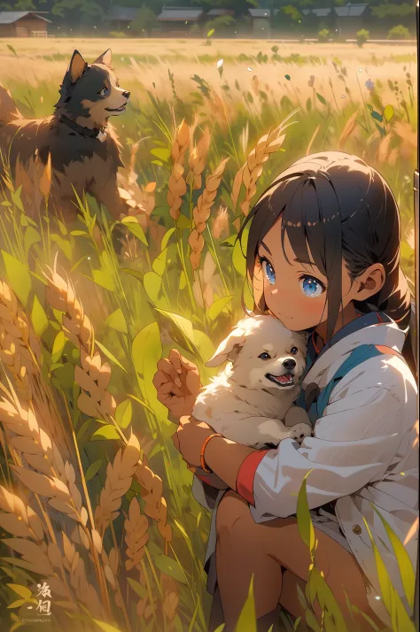 1girll，Rural fields，the setting sun，Crepuscular Rays，Shiba dog，blue color eyes，ricefield，volumettic light，Perspective compositio...