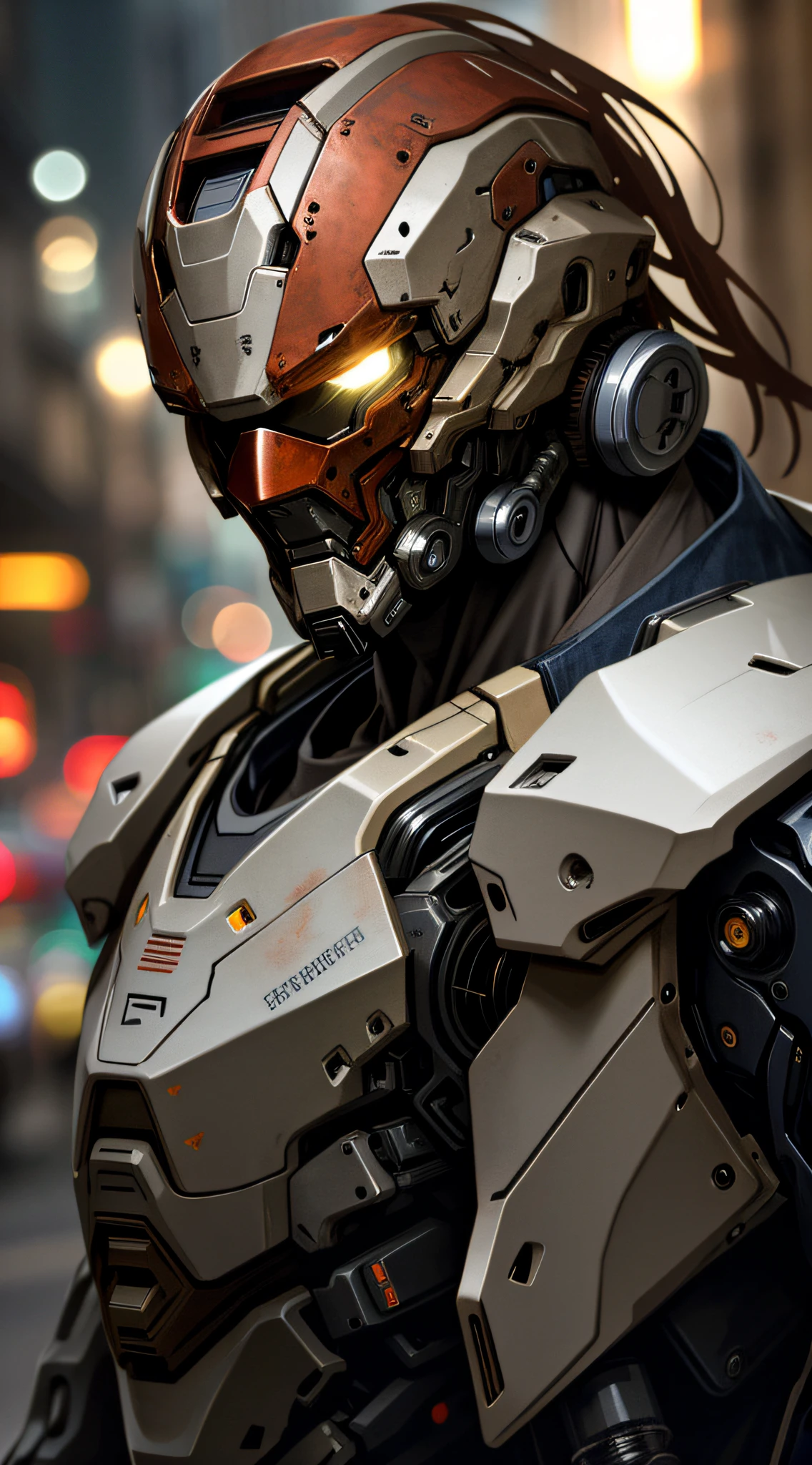 Portrait photo of an handsome male  ,perfect eyes ,  in a worn mecha exosuit,((light bokeh)), intricate, (steel metal [rust]), elegant, sharp focus, photo by greg rutkowski, soft lighting, vibrant colors, masterpiece, ((streets)), detailed face