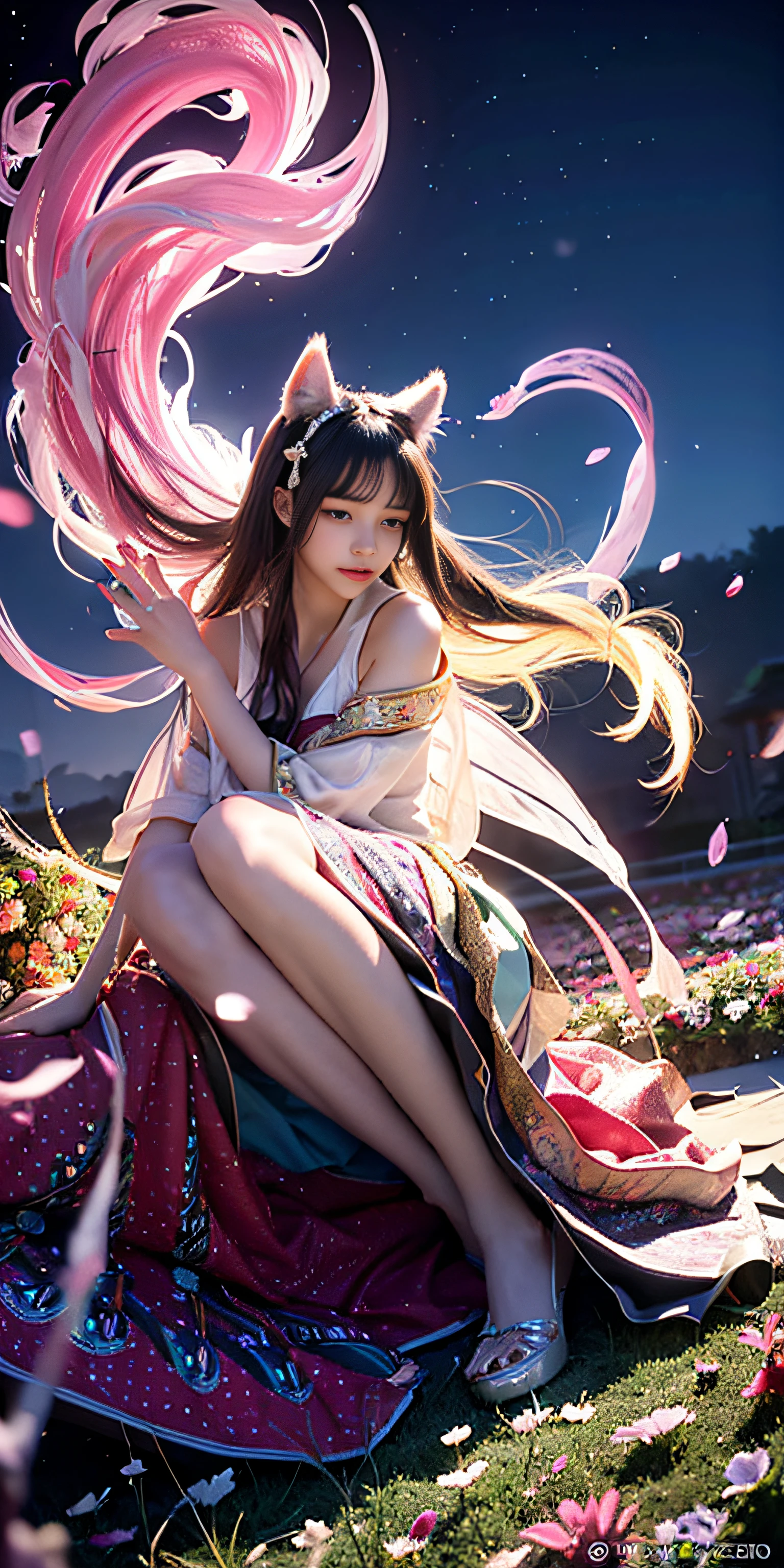 Ahri, 1girl in, (Full body) Solo, flower  field, florals, (White smoke:1.3) (Photorealistic:1.4), Zentangle, mandalas, Entangle, Official art, Unity 8k壁纸, ultra-detailliert, Beautiful and aesthetic, masutepiece,Best Quality, (Dynamic Angle:1.4), Glowing skin, (floating colorful sparkles:1) Most Beautiful Form of Chaos, Elegant, a brutalist designed, vivd colour, Romanticism Depth of Field,