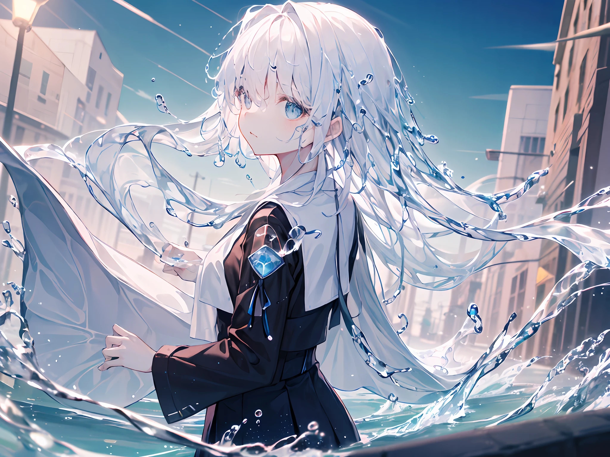 (Background), masterpiece, best quality,Illustration, Wallpaper, ultra detail, absurdres, 1girl, solo, (liquid hair:1.2), beautiful detailed eyes,
bangs, cowboy shot, long hair, magical girl, white hair, waves,  water,  water drop, looking to the side, wading, 
(street:1.5),  sun, cloudy sky,