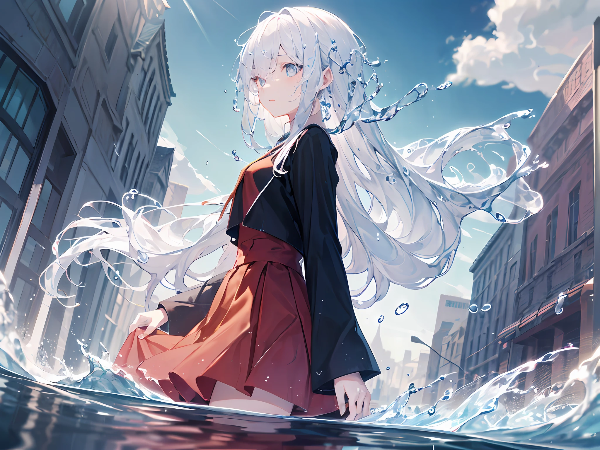 (Background), masterpiece, best quality,Illustration, Wallpaper, ultra detail, absurdres, 1girl, solo, (liquid hair:1.2), beautiful detailed eyes,
bangs, cowboy shot, long hair, magical girl, white hair, waves,  water,  water drop, looking to the side, wading, 
(street:1.5),  sun, cloudy sky,