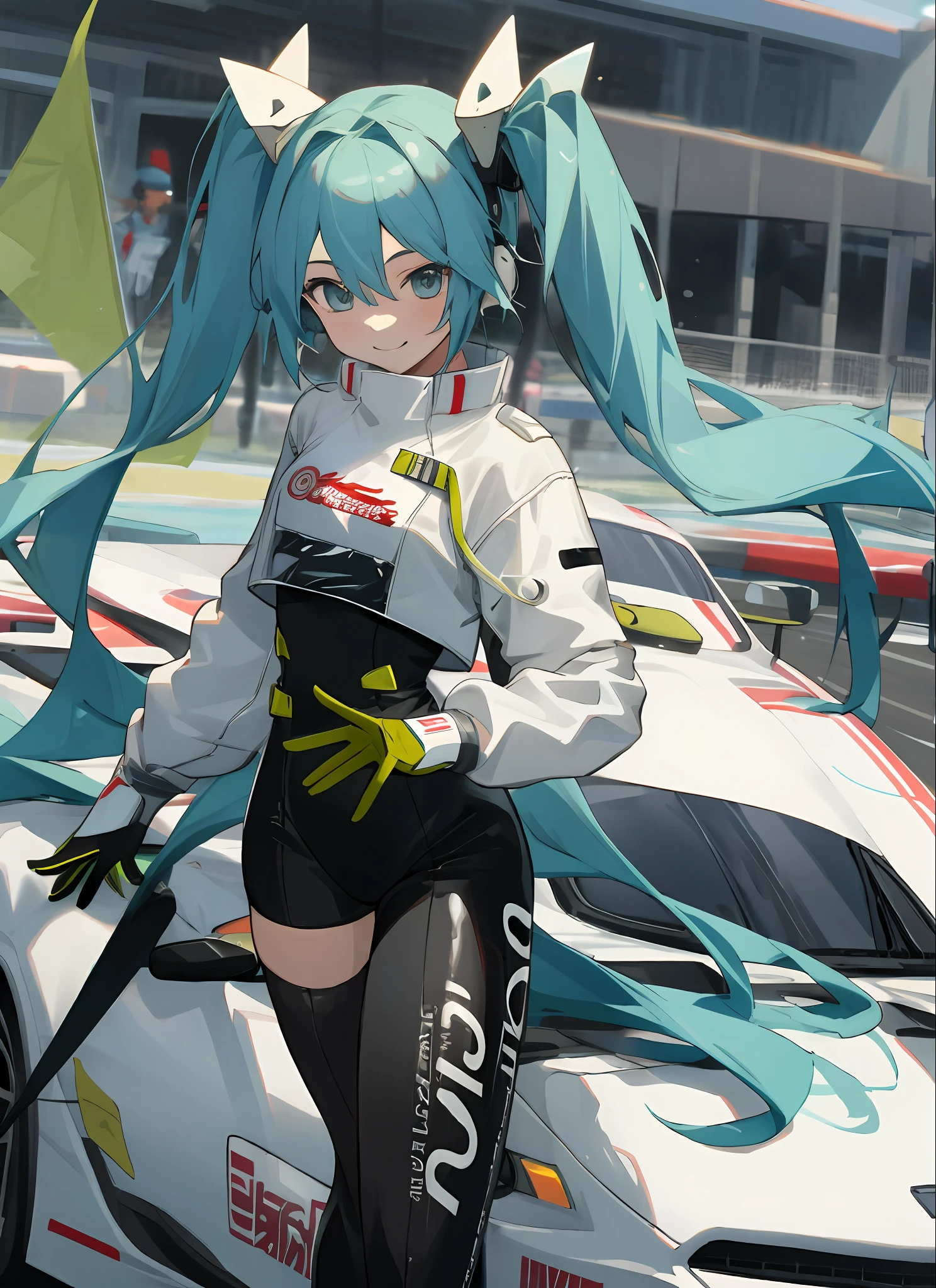 masterpiece,(ultra-detailed),1girl, smile, car,  racecar, circuit,  racing miku, black bodysuit, cropped jacket, white jacket, long sleeves, two-tone gloves, thigh boots,