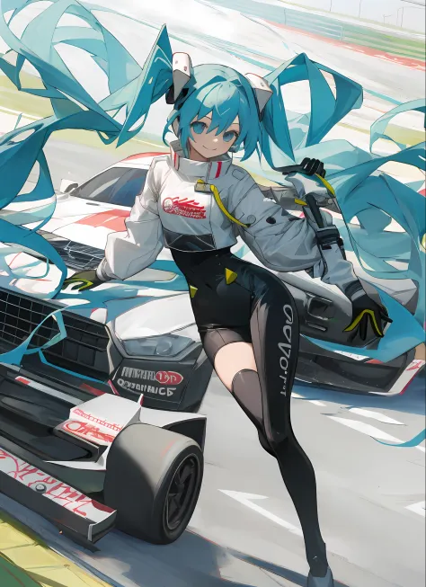 masterpiece,(ultra-detailed),1girl, smile, car,  racecar, circuit,  racing miku, black bodysuit, cropped jacket, white jacket, l...