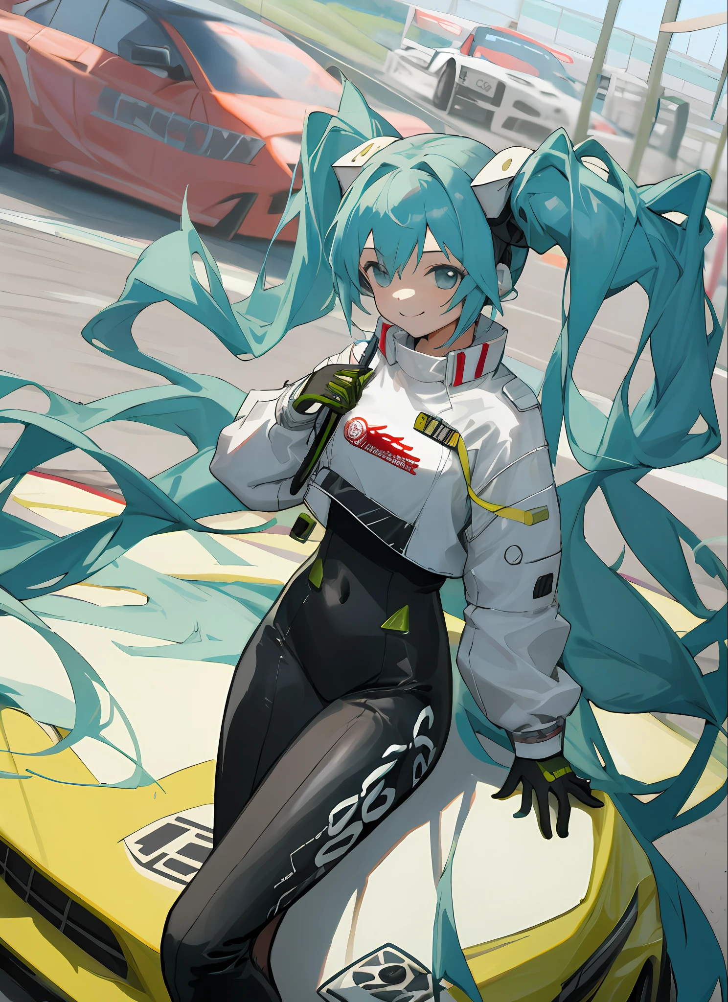 masterpiece,(ultra-detailed),1girl, smile, car,  racecar, circuit,  racing miku, black bodysuit, cropped jacket, white jacket, long sleeves, two-tone gloves, thigh boots,