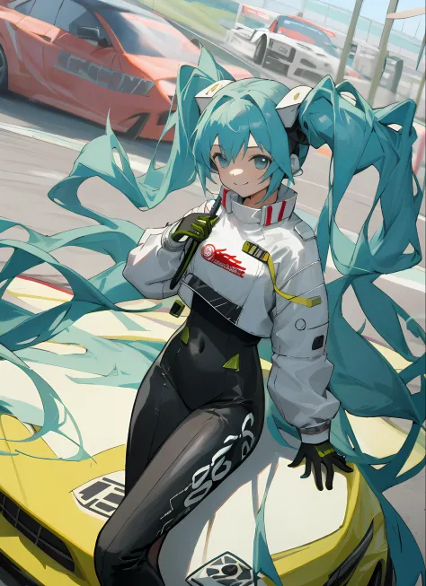 masterpiece,(ultra-detailed),1girl, smile, car,  racecar, circuit,  racing miku, black bodysuit, cropped jacket, white jacket, l...