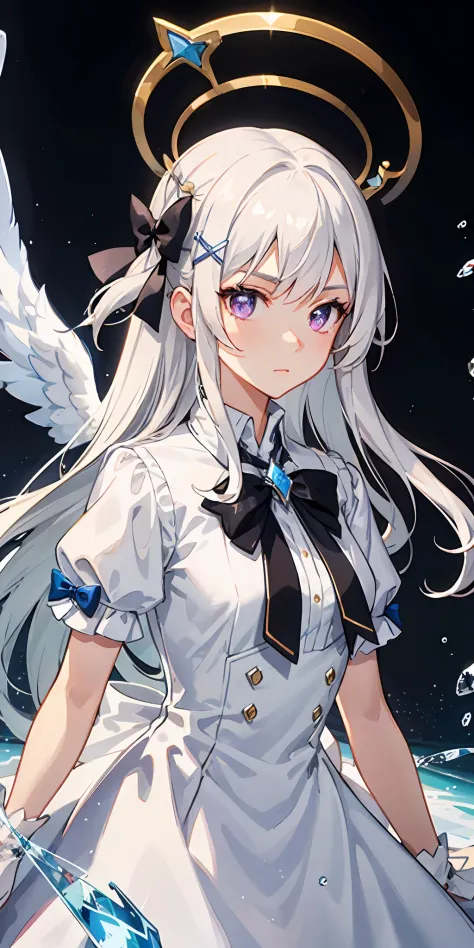 {the best ever}, {top-quality}, The girl was expressionless, Angel, Animated, The upper part of the body_Body, Very long hair, Hair intake, White hair floating messily, Beautiful face, extremely detailed cute anime face, Purple eyes, bow ribbon, Halo, ange...