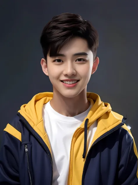 A Chinese male high school student，Wearing a yellow casual sweatshirt in PVC