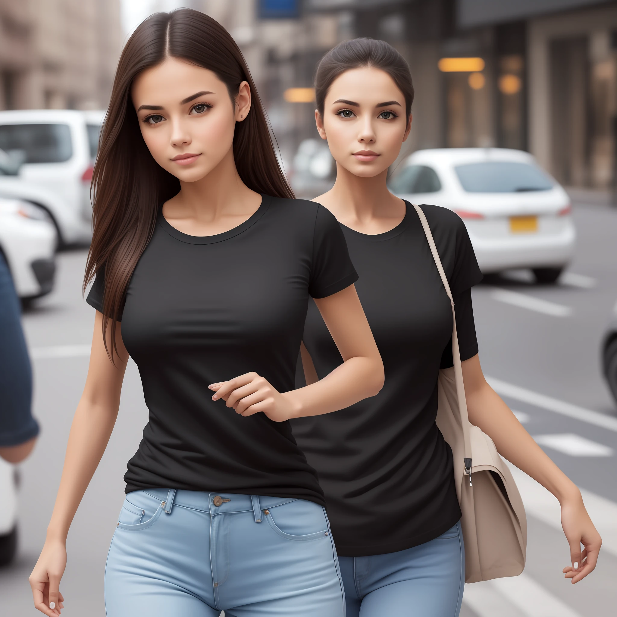 Two women walking down the street in jeans and black shirts - SeaArt AI