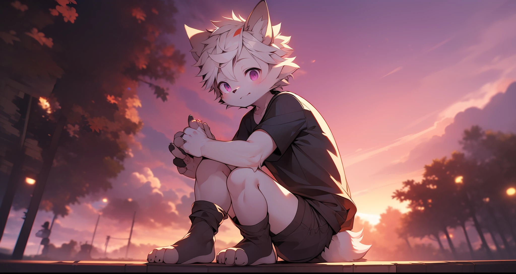 furry wolf，Sit on the groundd，((Shota)), Red and white hair, Very good figure, Handsome，adolable, Light：Extreme light and shadow, Reflective skin,Reddish skin，((Black short-sleeved T-shirt)) ((Wear black pedal socks)), ((Wear black fingerless gloves))((Black  shorts))"，((Under the pink sunset))，Outdoor sunset，Purple clouds，((the detail))