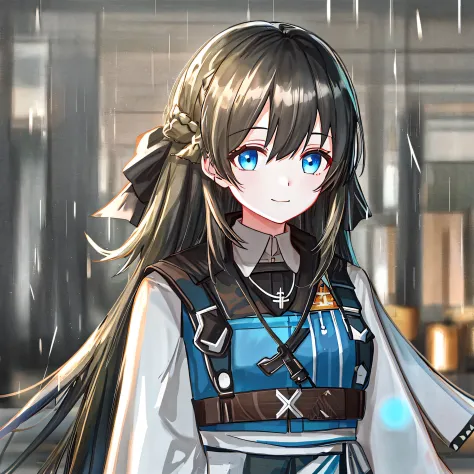 {{head portrait}}, {girls' frontline}, Game CG, Best quality, 1 girl, Black hair, Blue eyes, Long hair, Smile, poncho, rain, Caf...