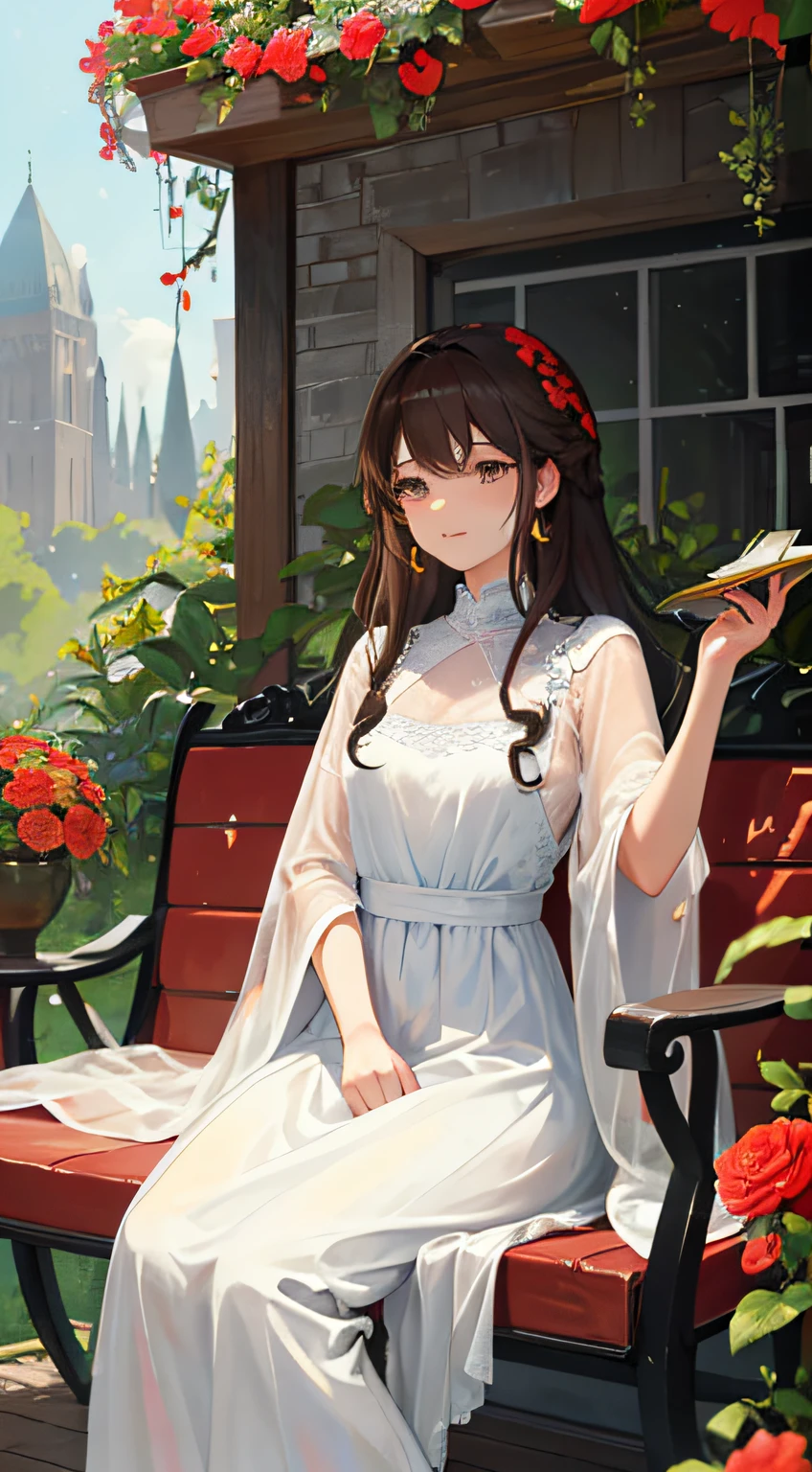 an elegant young woman sitting on a wrought iron bench in the center of a lush garden. The garden should be filled with colorful flowers and greenery, creating a vibrant and serene atmosphere. The woman should have long, flowing brown hair, styled in loose curls that fall gently down her back. She should be wearing a flowing white dress with delicate lace accents, which floats around her as she sits on the bench. In her left hand, the woman should be holding a leather-bound book with gilded pages, as if she were in the middle of reading it. Her right hand should be resting gently on a small, ornate table that is positioned next to the bench. On the table, there should be a vase of freshly cut flowers, with bright red and yellow petals that perfectly complement the surrounding flora. Next to the vase, there should be a small cup of steaming tea, emitting fragrant steam that curls up into the air. The woman should have a serene expression on her face, as if she is completely at peace and enjoying the natural beauty around her, as if she is savoring the aroma of the flowers and the warm breeze on her skin. The overall image should convey a sense of tranquility and contentment，