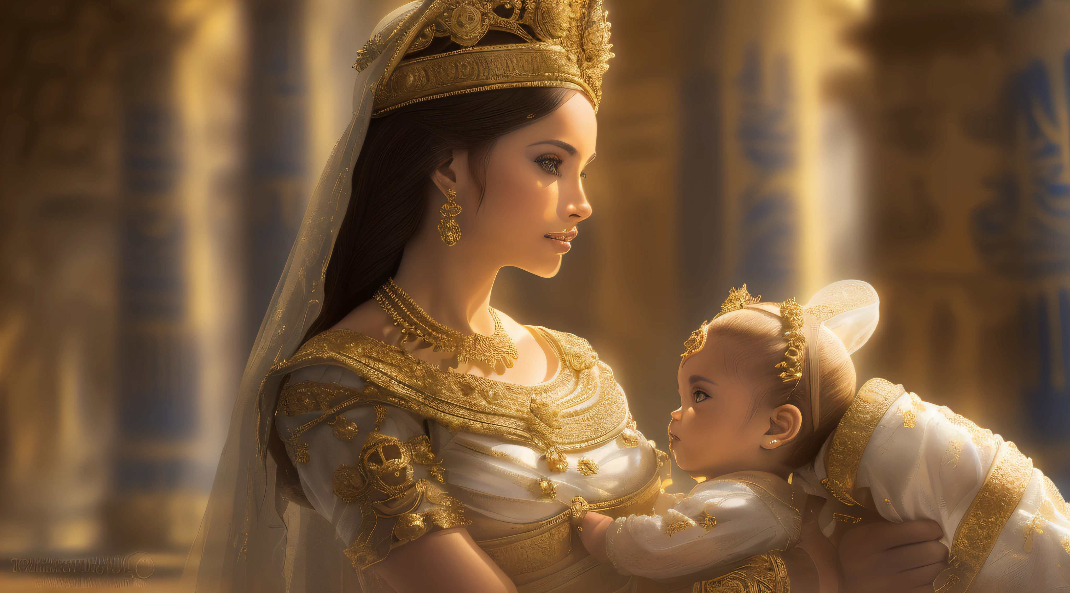 ((lifelike lighting, melhor qualidade, 8k,Princesa do Egito Antigo: Royal baby in your arms Motherly and affectionate look Dress in royal costumes Adornments of gold and precious stones Hieroglyphics and pillars of the palace in the background Majestic and sumptuous environment Rich and vibrant colors.