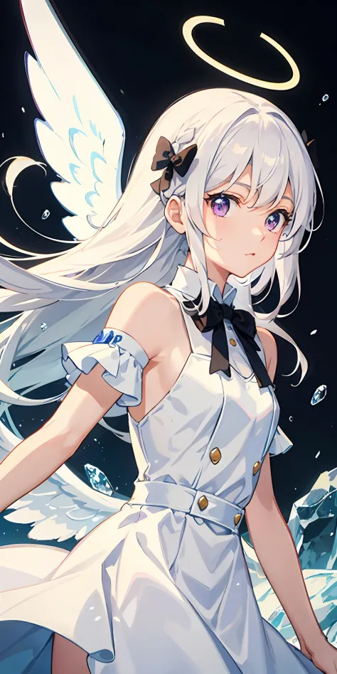 ((the best ever)), ((top-quality)), The girl was expressionless, Angel, Animated, The upper part of the body_Body, Very long hair, Hair intake, White hair floating messily, Beautiful face, extremely detailed cute anime face, Purple eyes, bow ribbon, Halo, ...