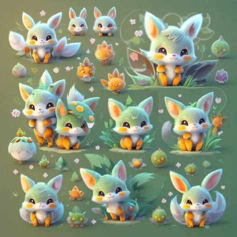 Cartoon illustration of a group of cute critters in the field, Cute detailed digital art, adorable digital art, cute detailed artwork, style of cute pokemon, illustration pokemon, adorable creature, cute forest creature, lovely art style, cute artwork, fox...