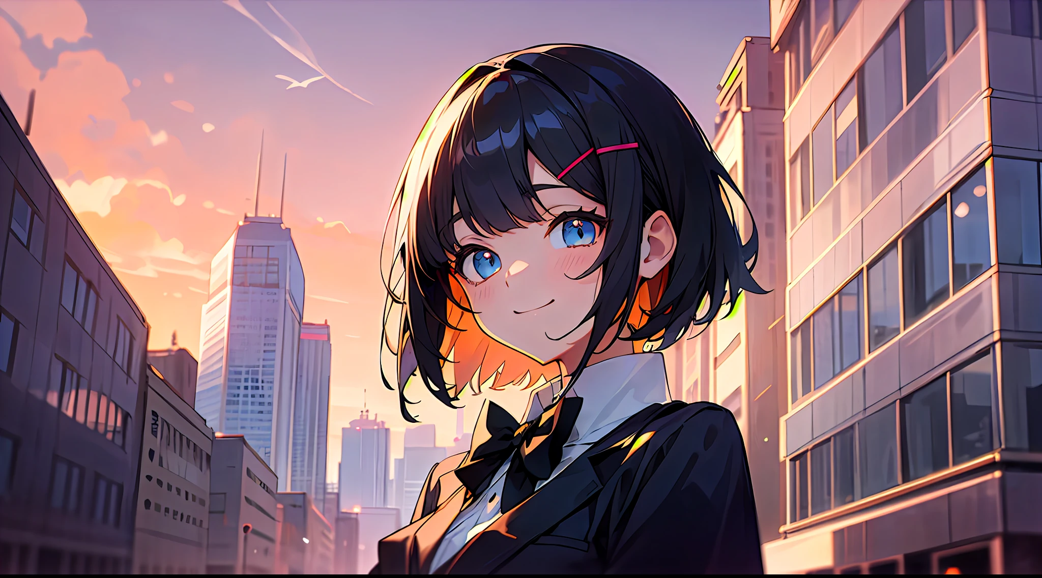 Upper body, mid shot, a woman, detailed eyes, arms behind, short hair, black hair, bangs, rabbit hairpins, white school uniform, black bow tie, long sleeves, standing, city, dusk, sunset, smile