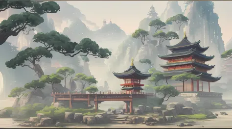 There is a painting，Pagodas with trees in the forest, G Liulian art style, Chinese watercolor style, digital painting of a pagoda, Anime background art, cyberpunk chinese ancient castle, Detailed scenery —width 672, Anime landscape concept art, ancient cit...