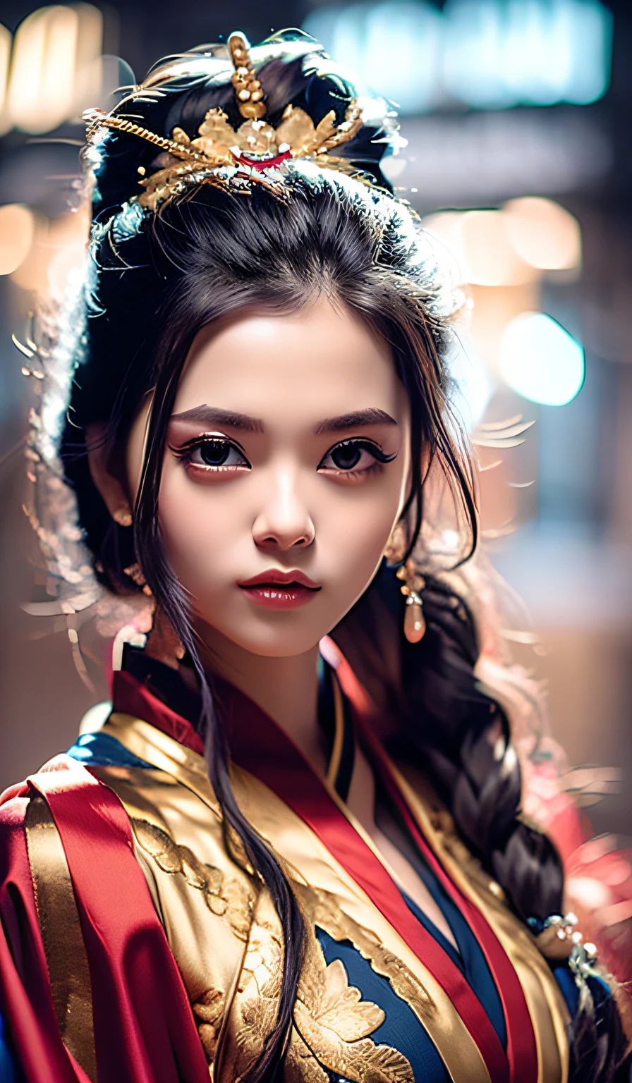 qualidade máxima、obra-prima、alta resolução、Wuxi 1girl、(vestido chinês dourado)、(((Rosto super lindo)))、olhos super lindos、Cabelo super lindo、((decote do peito))、((peito exposto))、((decote sexy、seios muito detalhados))、