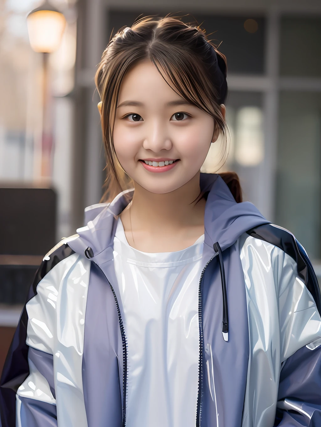 A 17-year-old female high school student，Wear a PVC color school uniform，long whitr hair