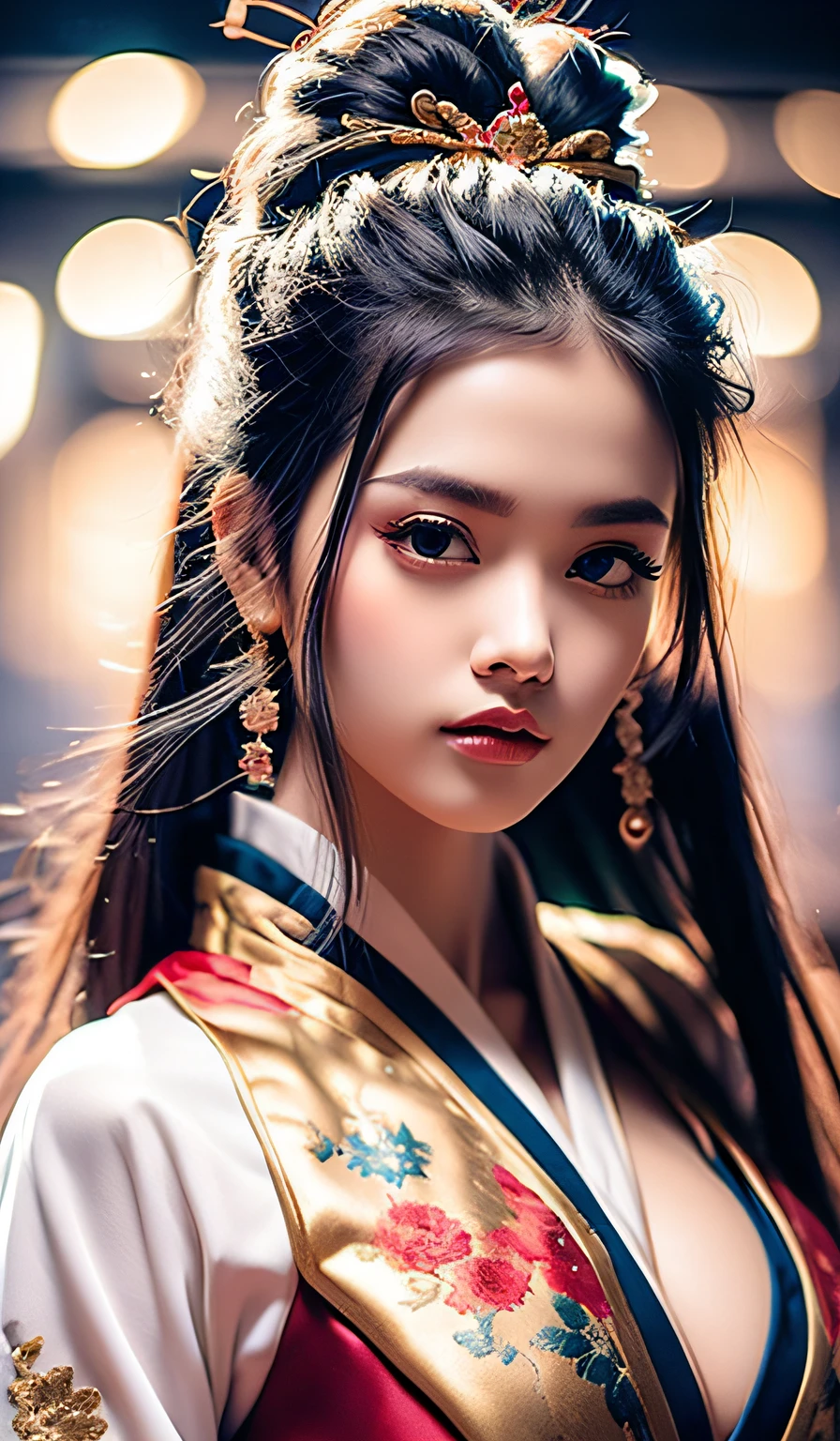 qualidade máxima、obra-prima、alta resolução、Wuxi 1girl、(vestido chinês dourado)、(((Rosto super lindo)))、olhos super lindos、Cabelo super lindo、((decote do peito))、((peito exposto))、((decote sexy、seios muito detalhados))、