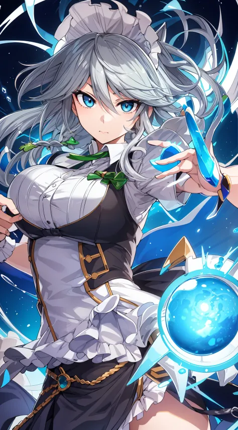 (Animated). Female (((Sakuya Izayoi))) time master, short spiky silver hair, blue eyes . (Masterpiece: 1.8), 64k quality, final ...