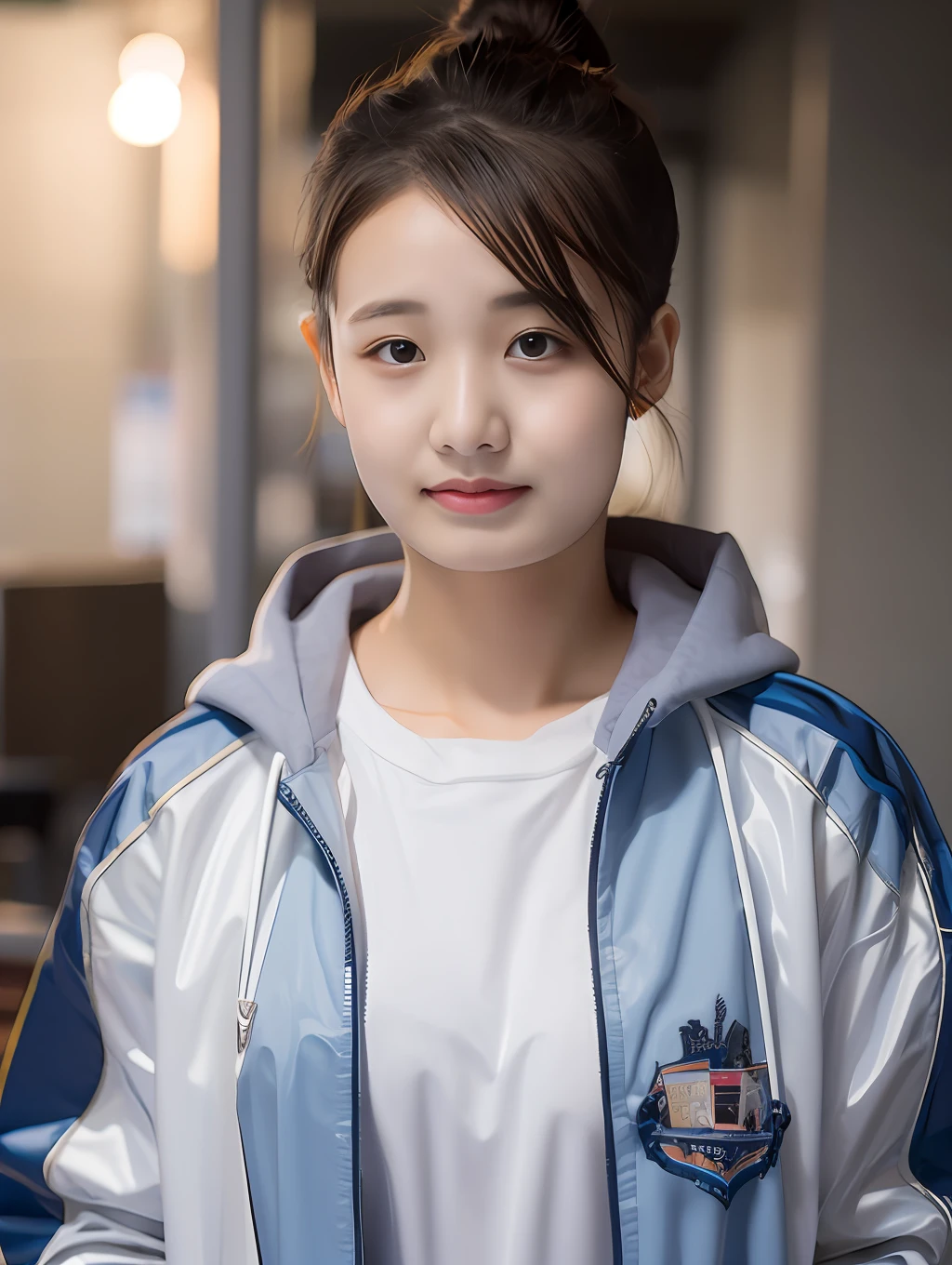 A 17-year-old female high school student，Wear a PVC color school uniform，long whitr hair