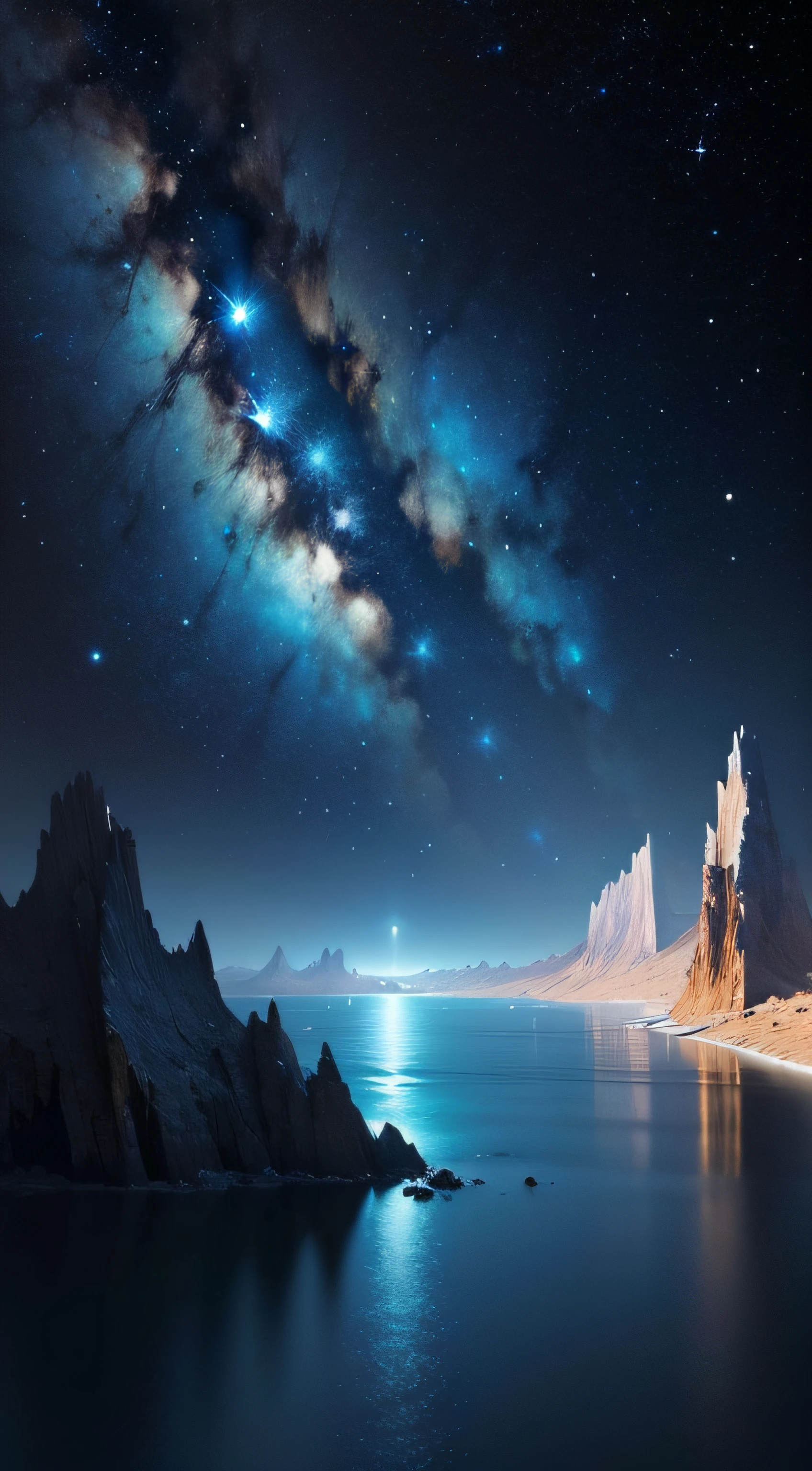 底なしの青い海，川と遠くの天の川のある星空, 銀河の風景, 壮大で美しい宇宙SF, 背景に無限の宇宙, 非常に精細なデジタルアート, スペース風景 --自動