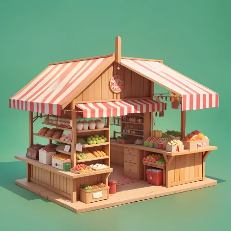 c4d，3D，cartoony，Cartoon illustration of wooden bracket with red and white awning, colored market stand, food stall, market stall,Merchant booths, Some stalls, Food stalls, flat, colored fruit stand, Market, Stand, Simple cartoon style, MarketaB, marketplac...