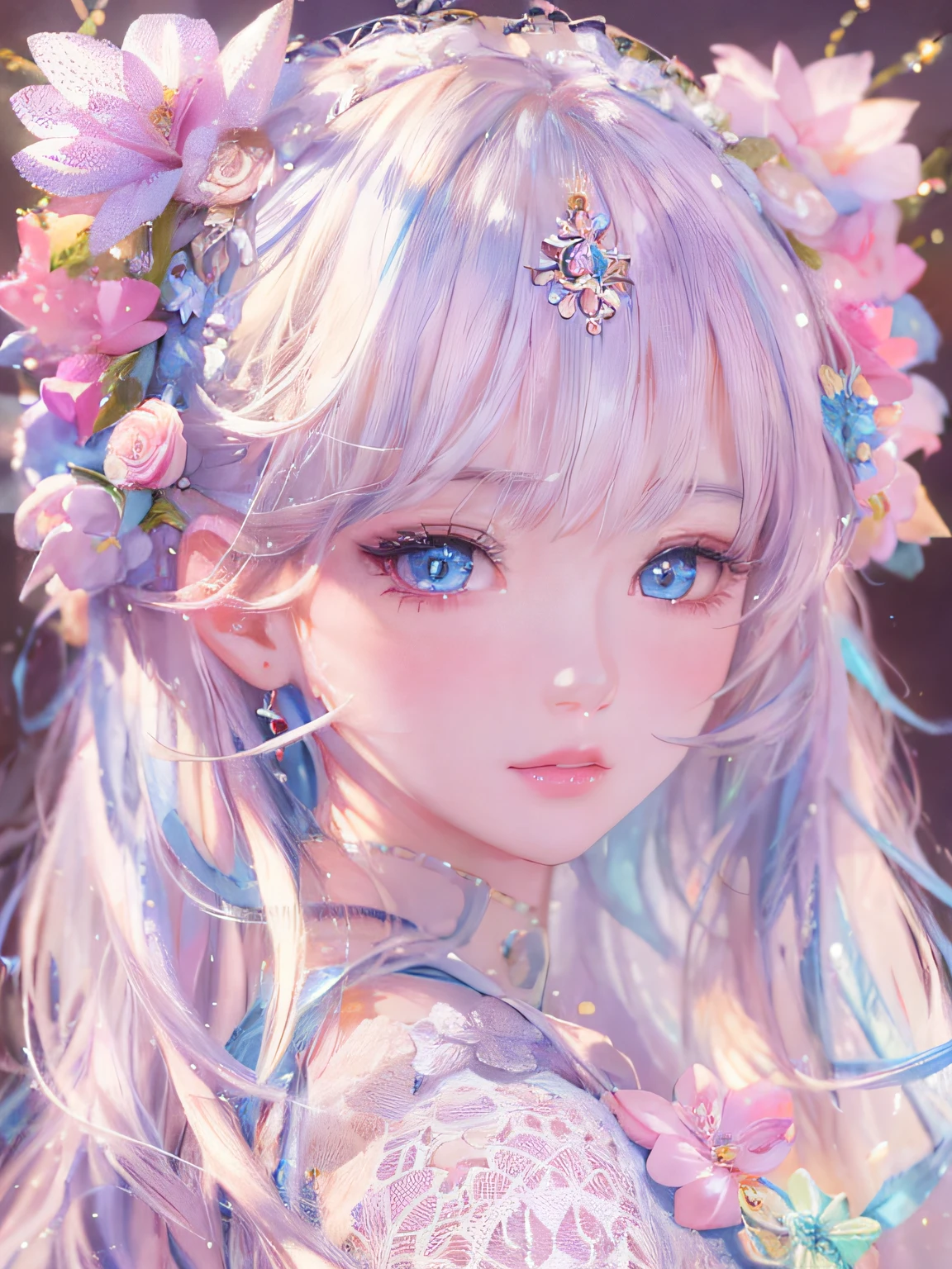 Close-up of doll with blue eyes and flower crown, kawaii realistic portrait, 8k high quality detailed art, artwork in the style of guweiz, Anime style. 8K, guweiz, 🌺 cgsociety, cute detailed digital art, Stunning anime face portrait, luts, Detailed Digital Anime Art, Beautiful Anime Portrait, Ethereal!!! A hyper-realistic