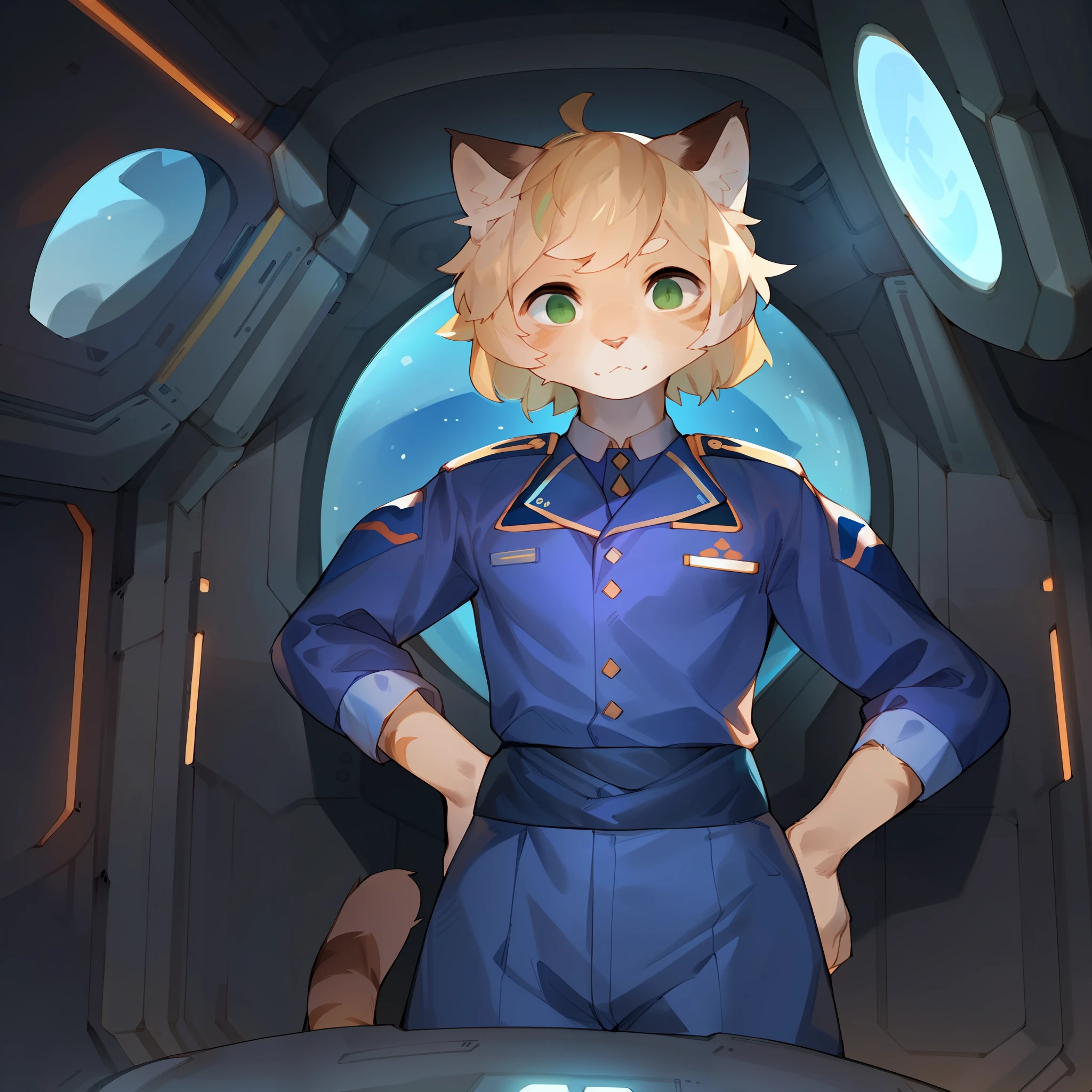 Solo, male, standing, (((blue Japanese military uniform))), blonde hair, short hair, (((feline, snout))), green eyes, standing at the controls of a spaceship, window, space, by bebebebebe, by spuydjeks, by spikedmauler, (((femboy)))