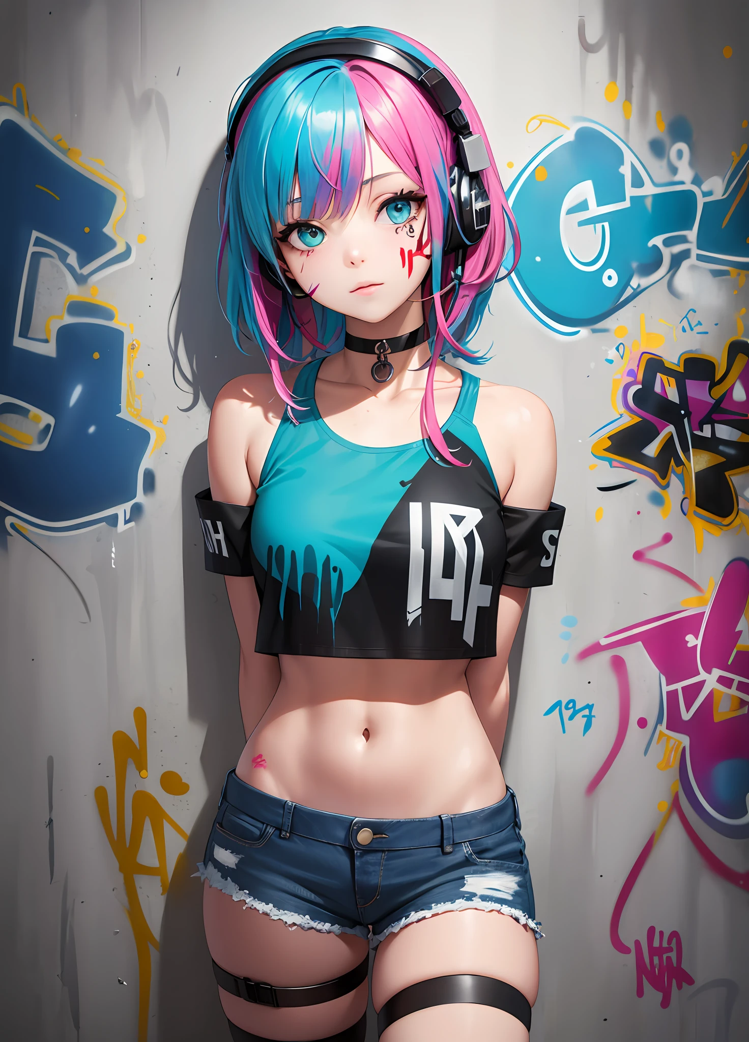 masterpiece, best quality, 1girl, solo, crop top, denim shorts, choker, (graffiti:1.5), paint splatter, arms behind back, against wall, looking at viewer, armband, thigh strap, paint on body, head tilt, bored, multicolored hair, aqua eyes, headset,