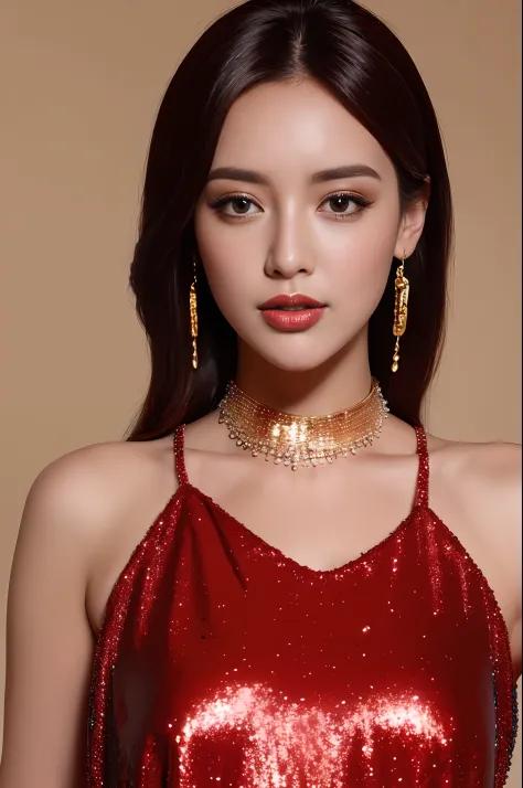 Attractive model in a low-cut red sequin top, gold choker necklace, smoky eye makeup. (8K, Best Quality : 1.2), (Masterpiece, Photorealistic : 1.3), Super Detail, anatomically correct