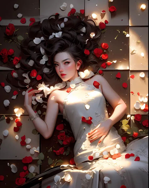 arafed woman in a white dress laying on a bed of roses, laying on roses, perky woman made of petals, falling red petals, red ros...