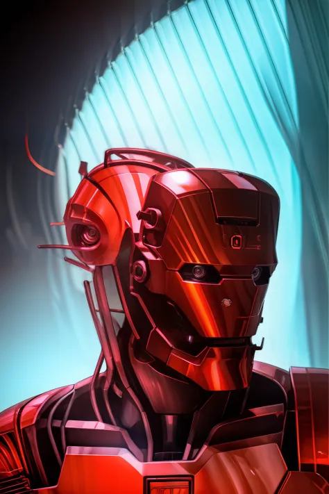 Estilo ModelShot, Un retrato de hombre, robot, un solo ojo rojo. Todo metal y mirando hacia adelante