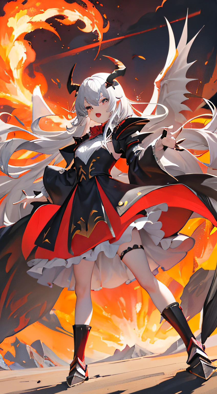 absurderes, A high resolution.wonderful dress，Beautiful dress.(Doragon girl:1.3), Doragon (horn:1.2), fantasy, Doragon Demon (Wings:1.3), spread the wings, (Long gray hair), (Angry), The eyes grow greatly, (Scale armor:1.3) Red clothes, (delicate leg:1.2), Open mouth, Fang, Dynamic Angle, Magical fire effect, (Claw pose:1.2), (full bodyesbian), Open legs, standing,.Break.The background is an erupting volcano, Fire, Flames erupted, Explosion.Break.(Solo:1.5).