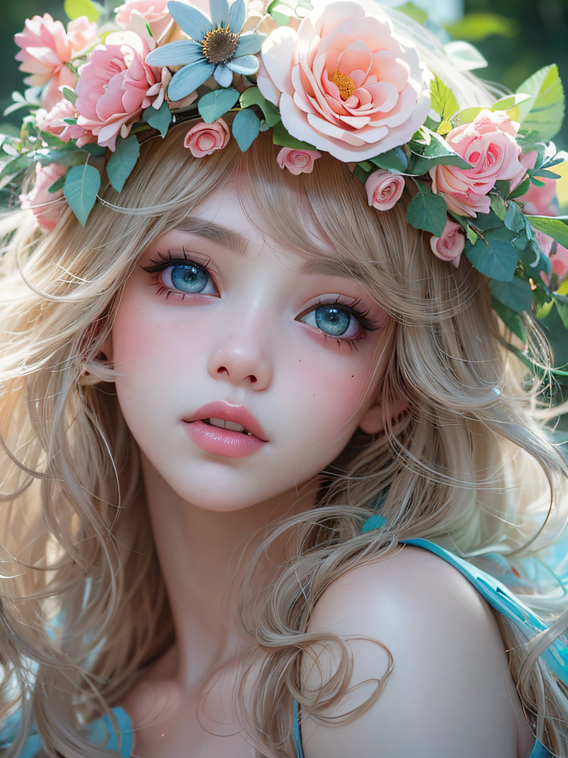 Close-up of doll with blue eyes and flower crown, kawaii realistic portrait, 8k high quality detailed art, artwork in the style of guweiz, Anime style. 8K, guweiz, 🌺 cgsociety, cute detailed digital art, Stunning anime face portrait, luts, Detailed Digital Anime Art, Beautiful Anime Portrait, Ethereal!!! A hyper-realistic