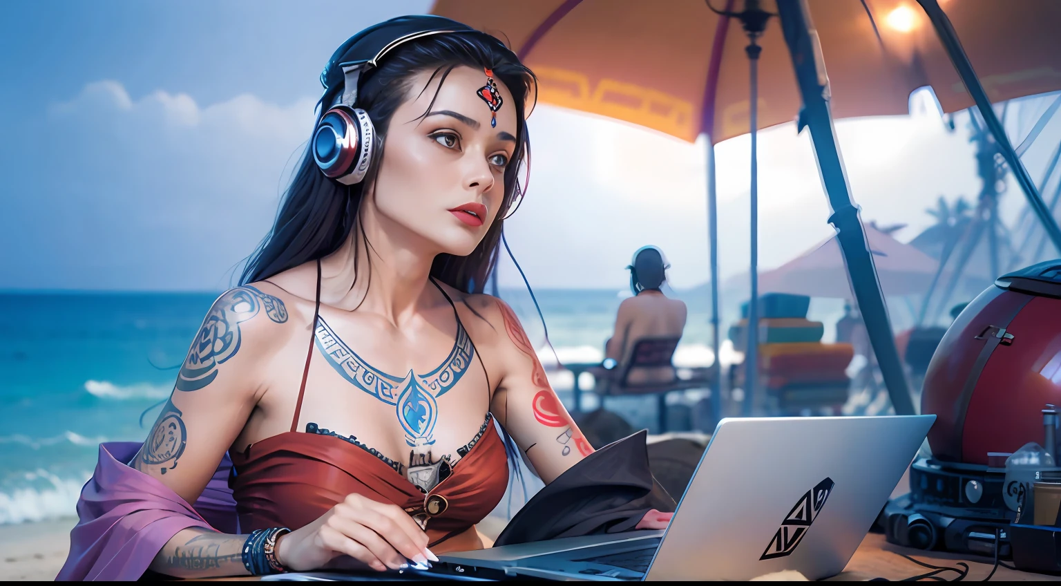 Tantric priestess Woman with tattoos ,percings y una mascara de ironman mezclando musica en una tornamesa de dj en la playa foto ultrarealista --auto