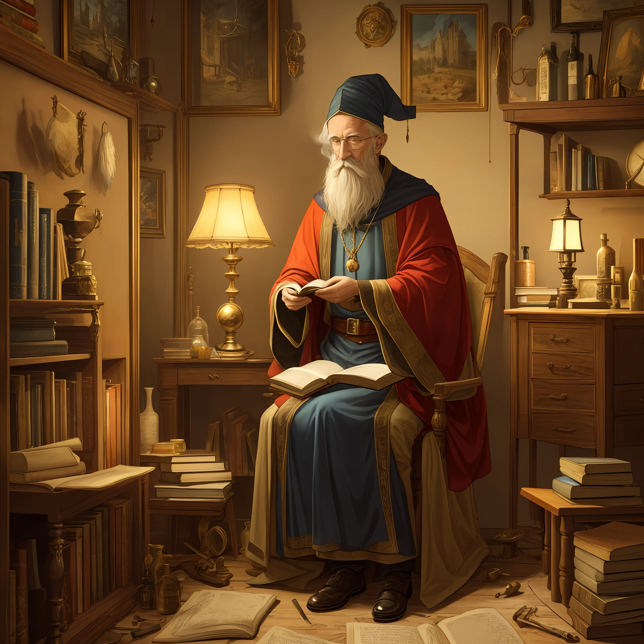 very old wizard, alchemy, looking at book, old medieval painting, smoke, lots of detail, cluttered room, lamp, dark room, detailed tunic, glowing pendant,