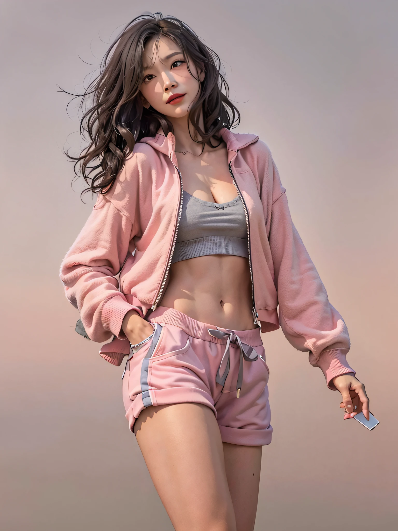 film photography, 1girl, Gray Track Top, pink shorts, cleavage, seductive smile, medium breast, full body, drunk blush:1.5, black wavy shoulder-length hair, serene, calm, (realistic detailed eyes, natural skin texture, realistic face details), soft dramatic lighting, depth of field, bokeh, vibrant details, finely detailed, hyperrealistic