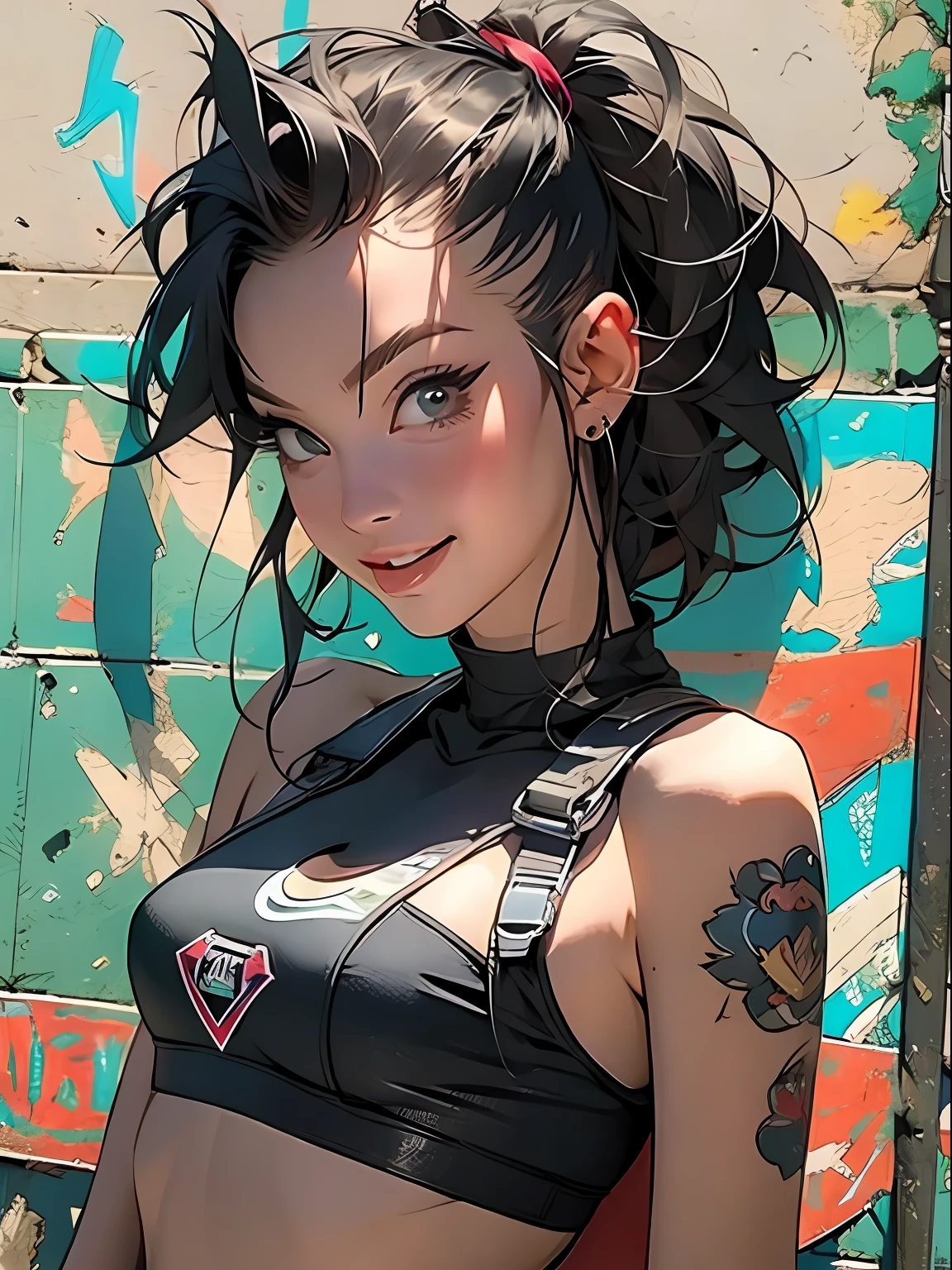 corpo inteiro, parte mestre, melhor qualidade, super detalhe, 8K, mulher linda, Tank Girl com cara de maluca, sorriso malicioso , cabelo moicano colorido, garota punk, mundo pós-apocalíptico, ((  do tanque )), estilo niji, roupas rasgadas e sujas, moicano curto, lados da cabeça raspada, rosto limpo