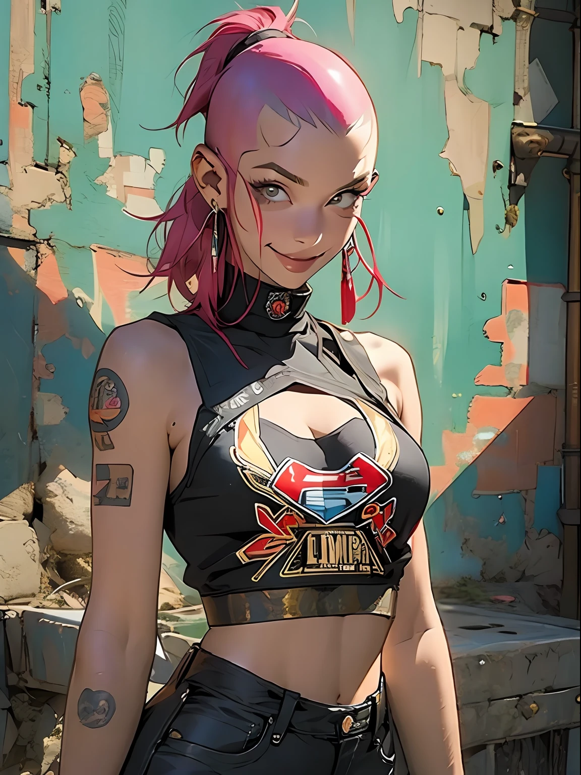 cuerpo entero, parte maestra, mejor calidad, Súper detalle, 8k, Mujer linda, Chica Tanque con cara de loca, sonrisa maliciosa , pelo mohawk de color, chica punk, mundo post-apocalíptico, ((  do tanque )), nijiEstilo, ropa rota y sucia, mohawk corto, lados de la cabeza rapada, cara limpia