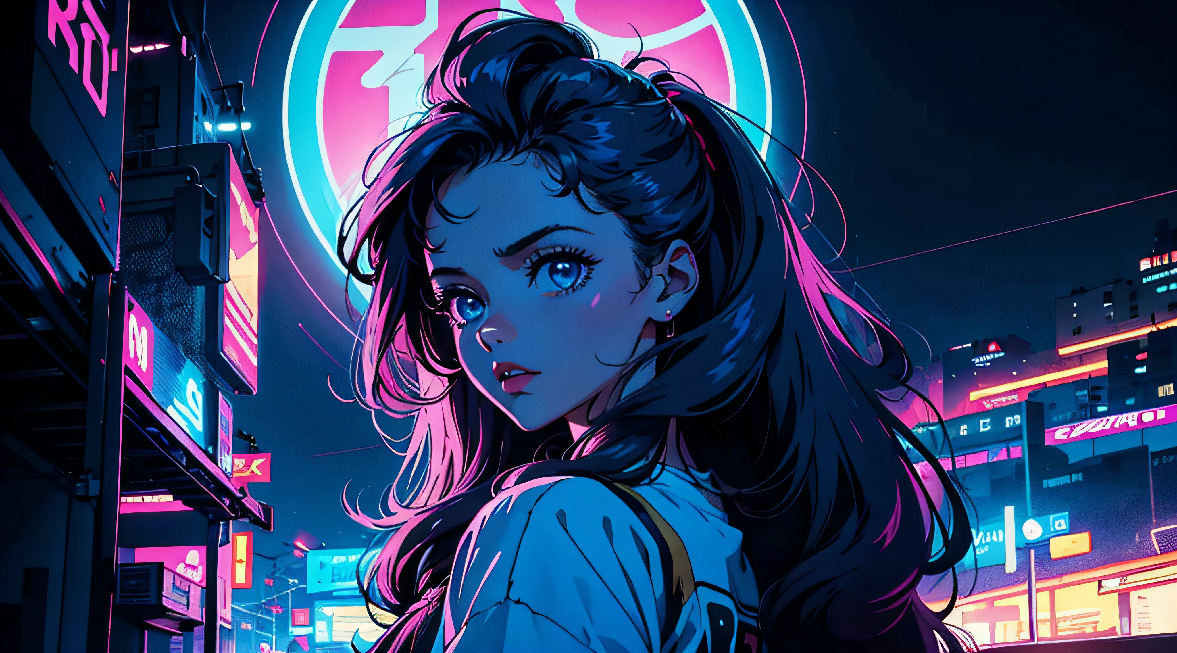 Beautiful 80's woman with long messy dark hair. nuvens de neon ao fundo, Alto contraste, onda sintética, 8K, cores escuras contrastando com cores saturadas, sozinha, olhando para você, enquadrado da cintura para cima de frente, cabelo com mechas neon, 1 garota, (melhor qualidade), anos 80,