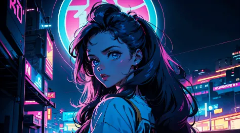 beautiful 80's woman with long messy dark hair. nuvens de neon ao fundo, alto contraste, synthwave, 8k, cores escuras contrastan...