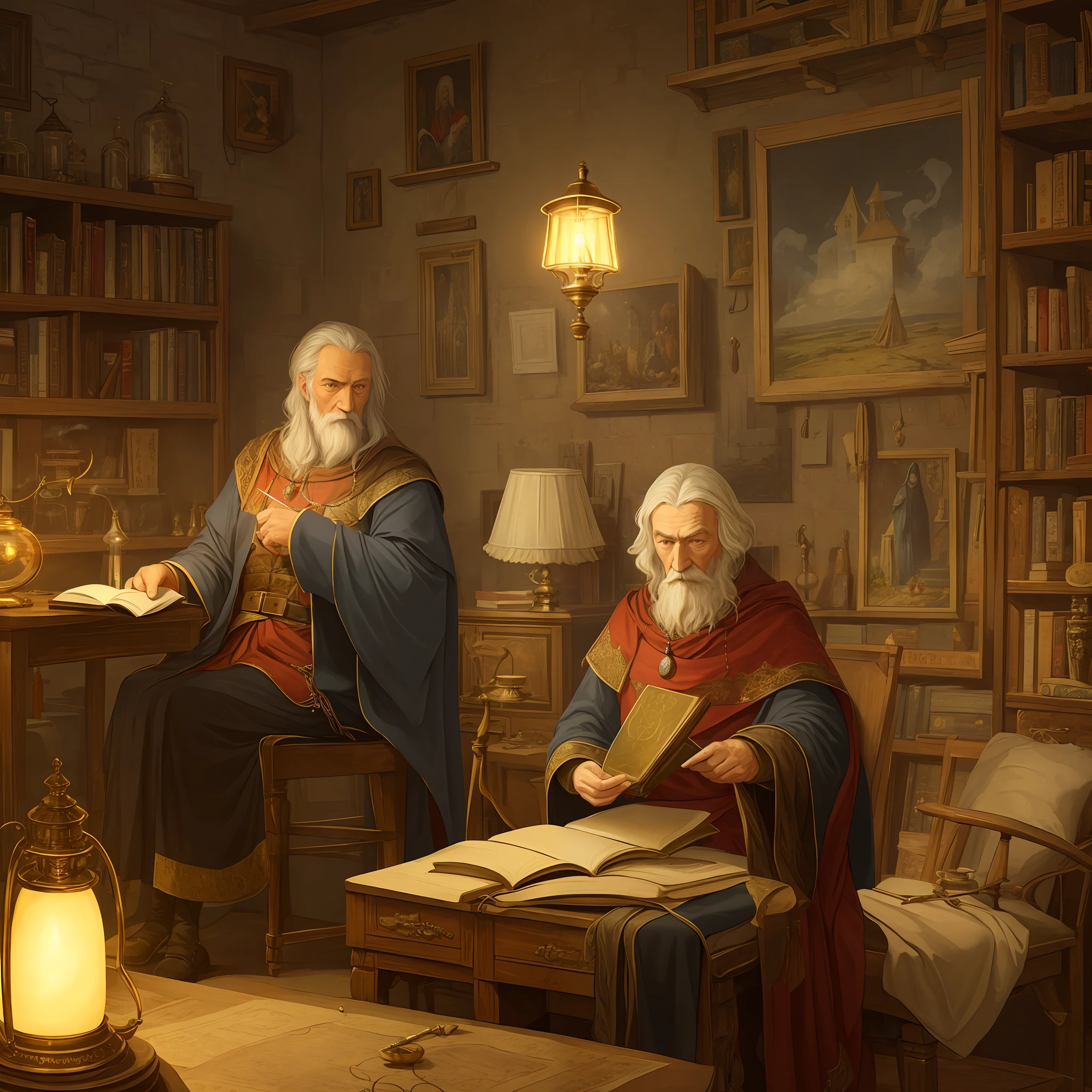 very old wizard, alchemy, looking at book, old medieval painting, smoke, lots of detail, cluttered room, lamp, dark room, detailed tunic, glowing pendant,