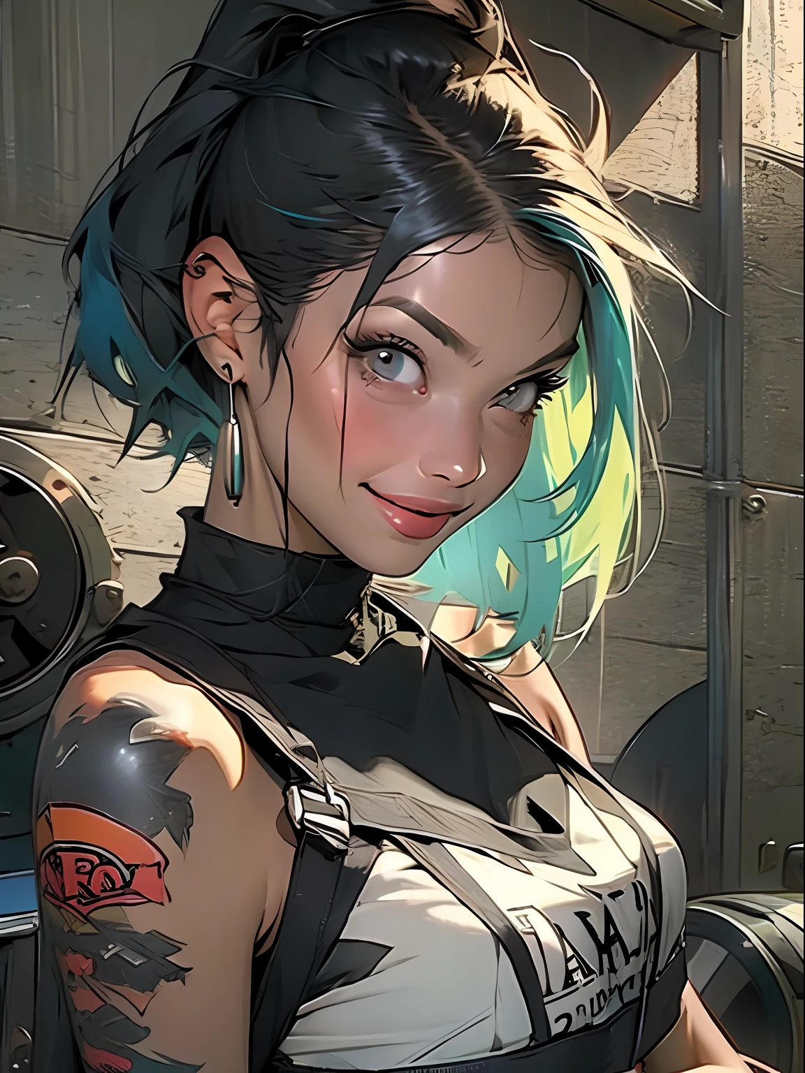 (( corpo inteiro )), parte mestre, melhor qualidade, super detalhe, 8K, mulher linda, Tank Girl com cara de maluca, sorriso malicioso , cabelo moicano colorido, garota punk, mundo pós-apocalíptico, ((  do tanque )), estilo niji, roupas rasgadas e sujas, moicano curto, lados da cabeça raspada, rosto limpo