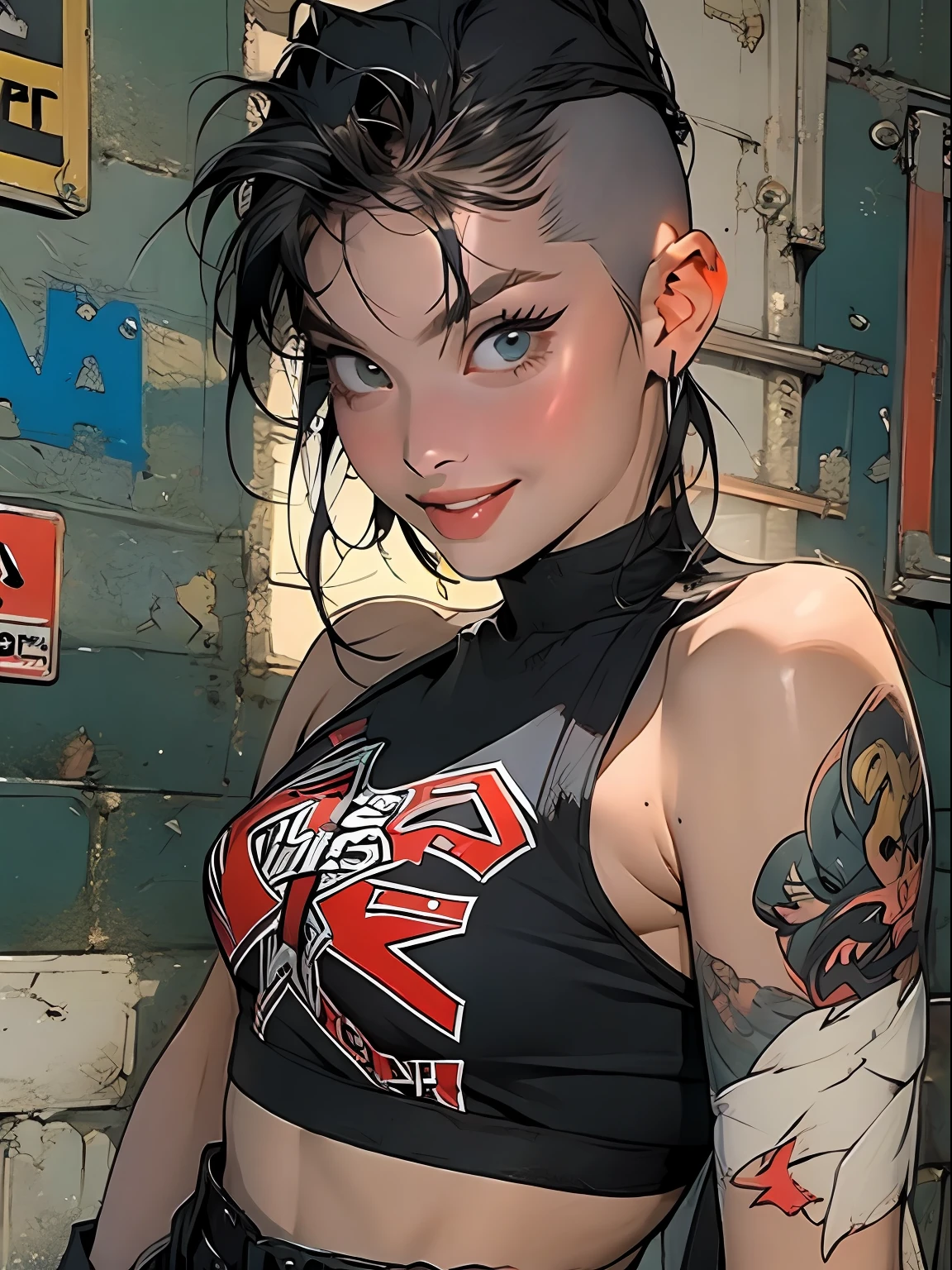 (( corpo inteiro )), parte mestre, melhor qualidade, super detalhe, 8K, mulher linda, Tank Girl com cara de maluca, sorriso malicioso , cabelo moicano colorido, garota punk, mundo pós-apocalíptico, ((  do tanque )), estilo niji, roupas rasgadas e sujas, moicano curto, lados da cabeça raspada, rosto limpo