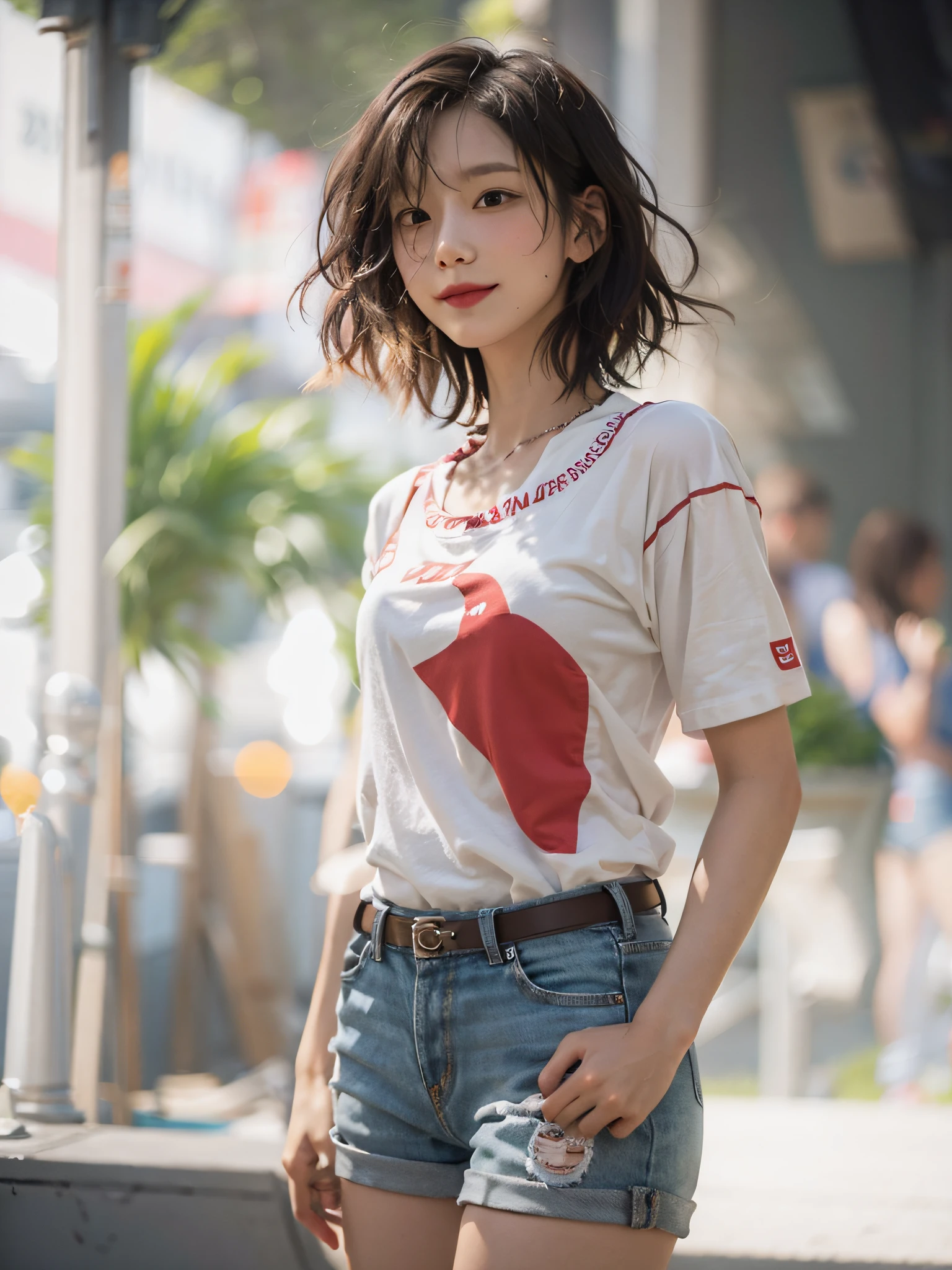 film photography, 1girl, white t-shirt, red short shorts, white sneaker, seductive smile, medium breast, full body, drunk blush:1.5, black wavy shoulder-length hair, serene, calm, (realistic detailed eyes, natural skin texture, realistic face details), soft dramatic lighting, depth of field, bokeh, vibrant details, finely detailed, hyperrealistic