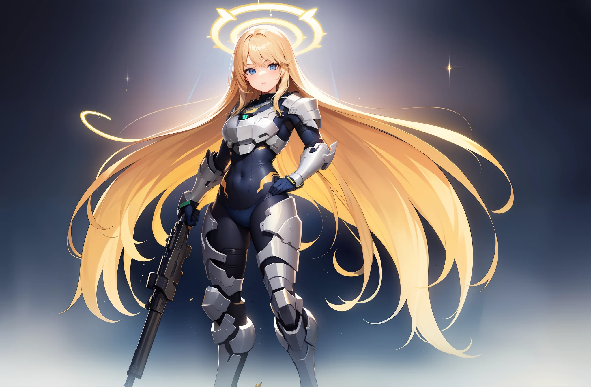 1 girl, solo, (masterpiece), best quality, detailed eyes, sparkling eyes, beautiful hands, shiny hair, blue eyes, light blonde hair, tall, long hair, straight hair, full body,1 girl, solo, , (((navy blue spartan armor from Halo))), standing, (highly detailed rifle),