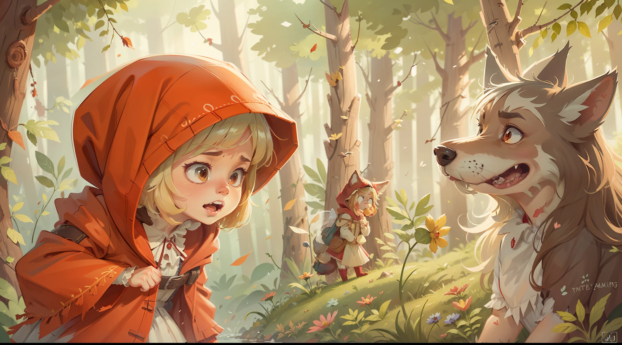 best quality, super detail, high details, masterpiece,Fairy tale picture book, simple, cartoon, kids, The story of Little Red Riding Hood and Grandma Wolf, Delicate facial expressions,Call story cover, Pleasant big bad wolf, Wearing grandma's clothes, A malicious look, Little Red Riding Hood got lost in the forest, illustration,