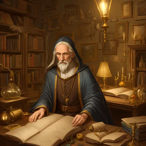 very old wizard, alchemy, looking at book, old medieval painting, smoke, lots of detail, cluttered room, lamp, dark room, detail...